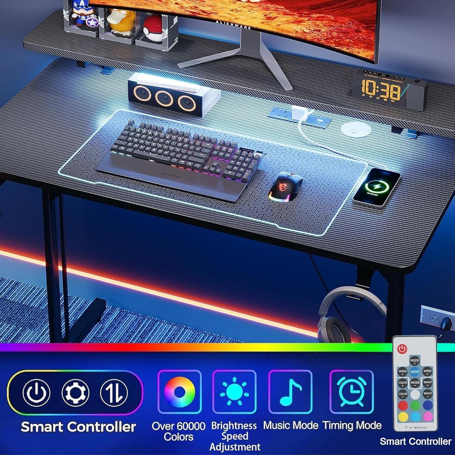 LED Gaming Desk with Power Outlets, Carbon Fiber Computer Table for Home Office