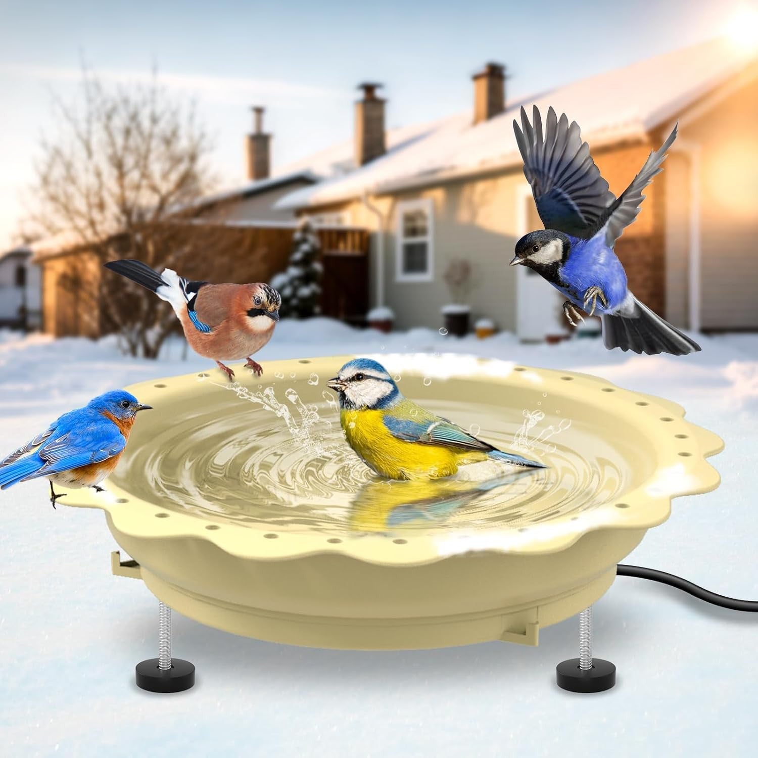 100W Heated Bird Bath Outdoor Thermostat Anti-Freeze Feeder Khaki