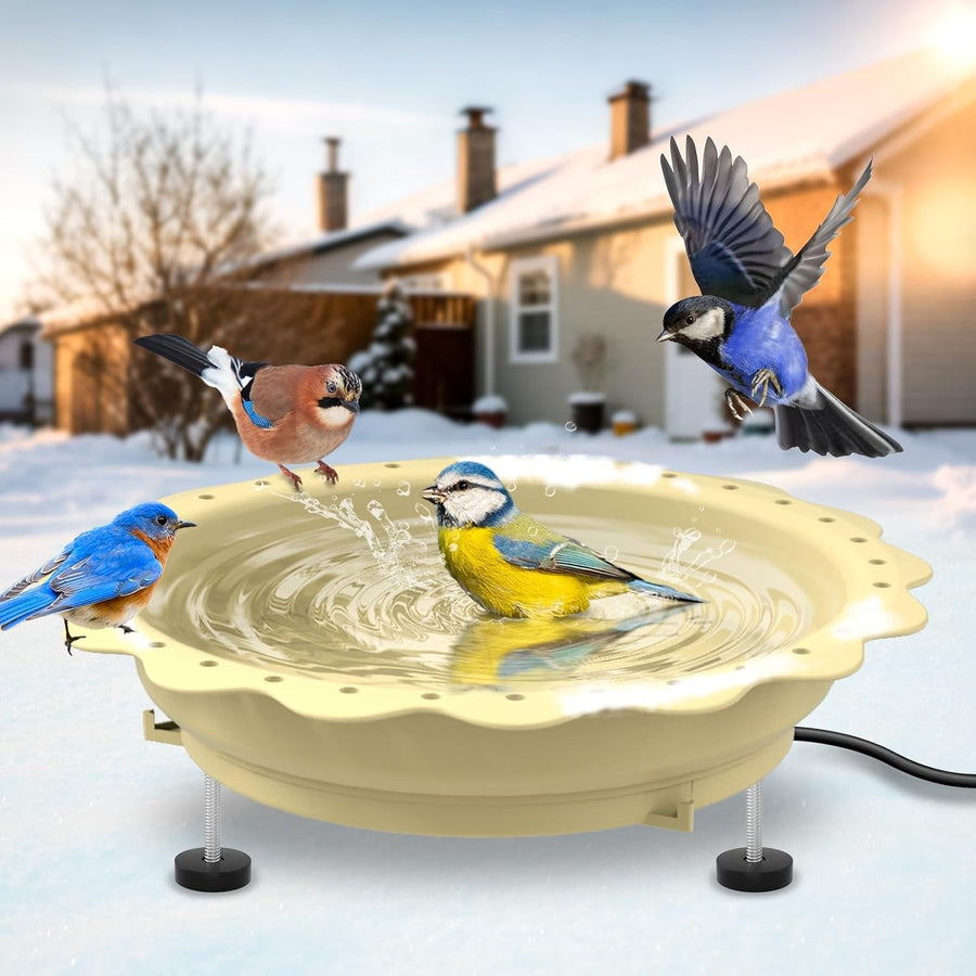 100W Heated Bird Bath Outdoor Thermostat Anti-Freeze Feeder Khaki