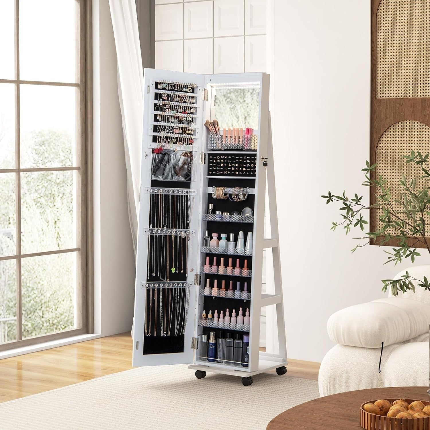 White LED Jewelry Cabinet Mirror Lockable Rolling Storage Organizer