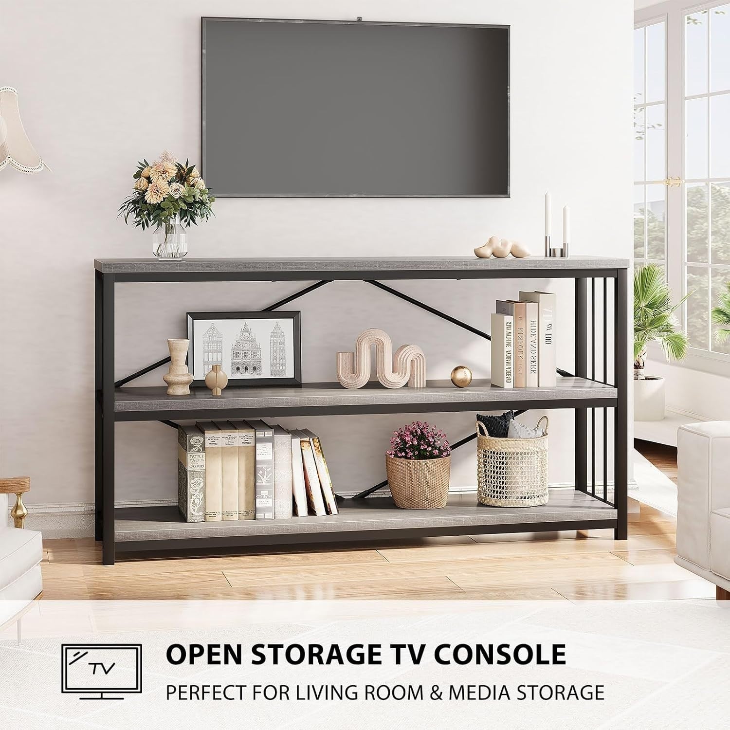 Industrial Console Table 3-Tier Storage, Metal Frame, Rustic Entryway Shelf, 140