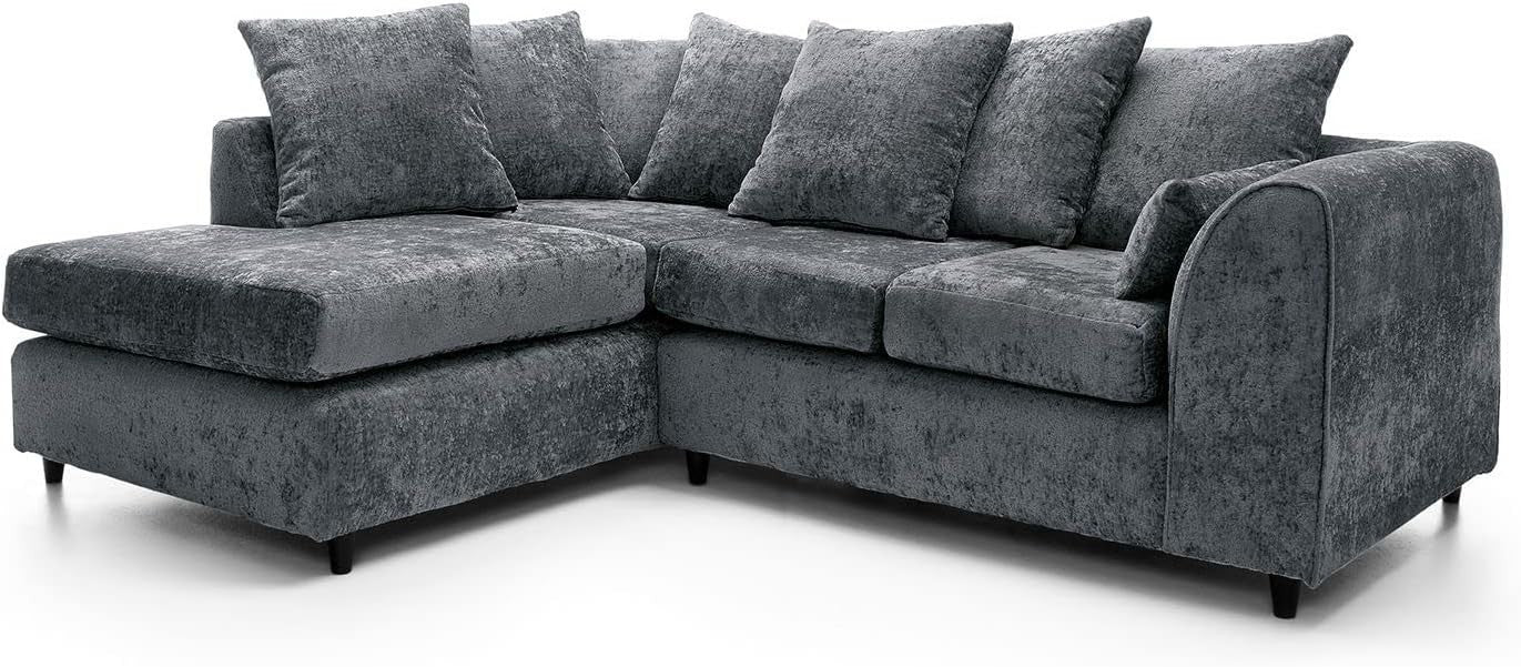 Dark Grey L Shaped Corner Sofa 5 Seater Crushed Chenille Velvet Couch