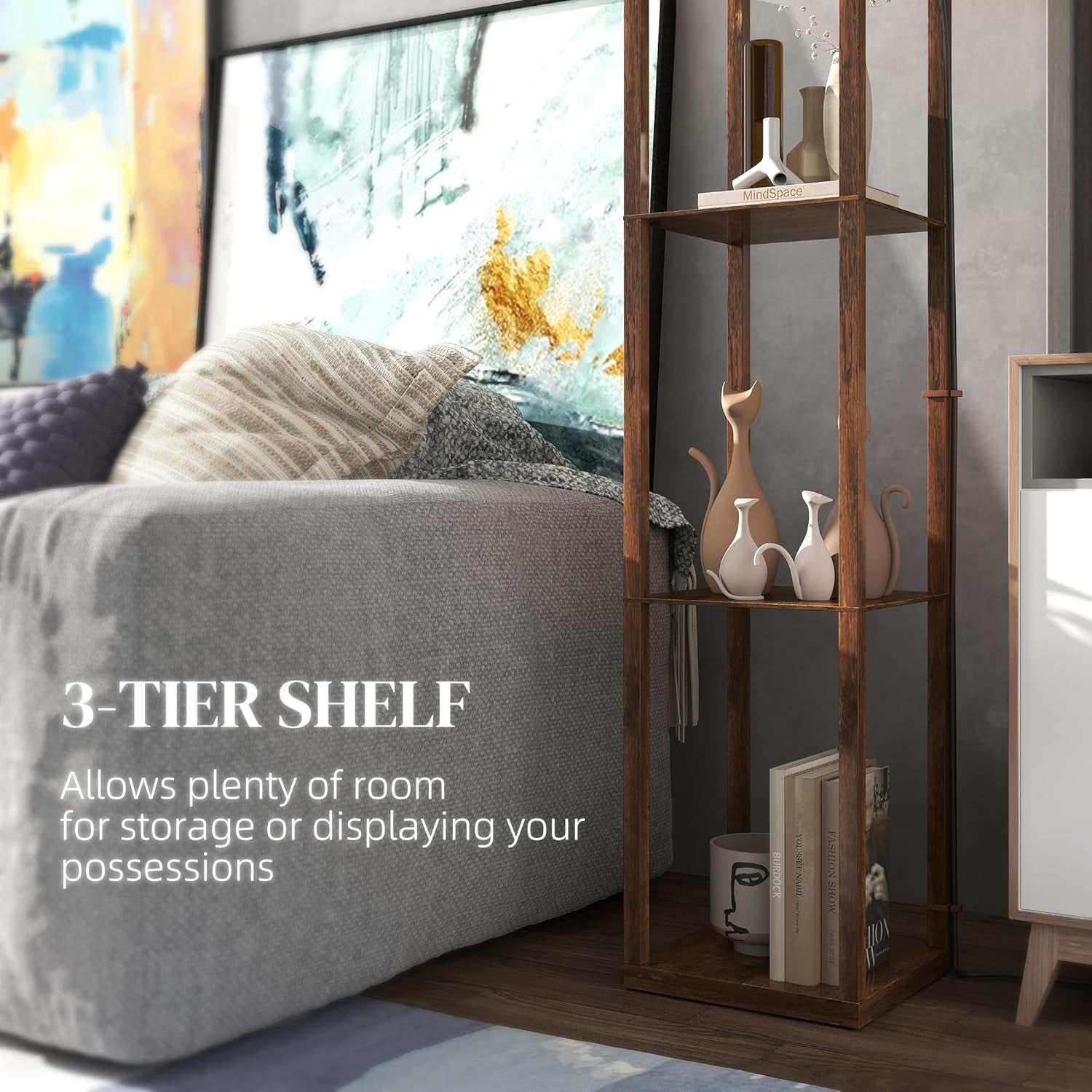 Floor Lamp with Shelves Tall Standing Light Fabric Shade Rustic Storage Unit
