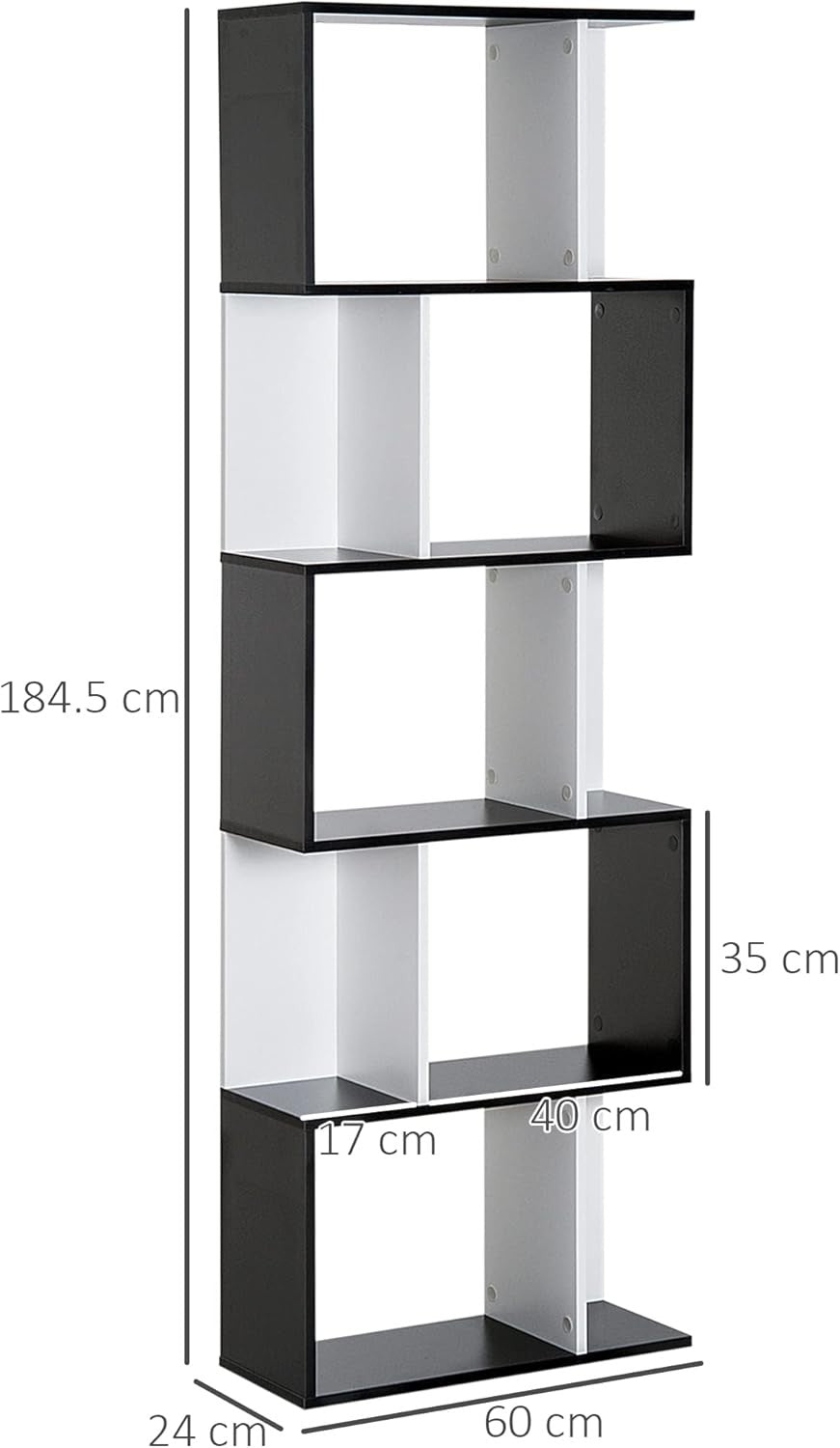 Modern 5-Tier S-Shape Display Bookcase – Freestanding Storage Shelf Black