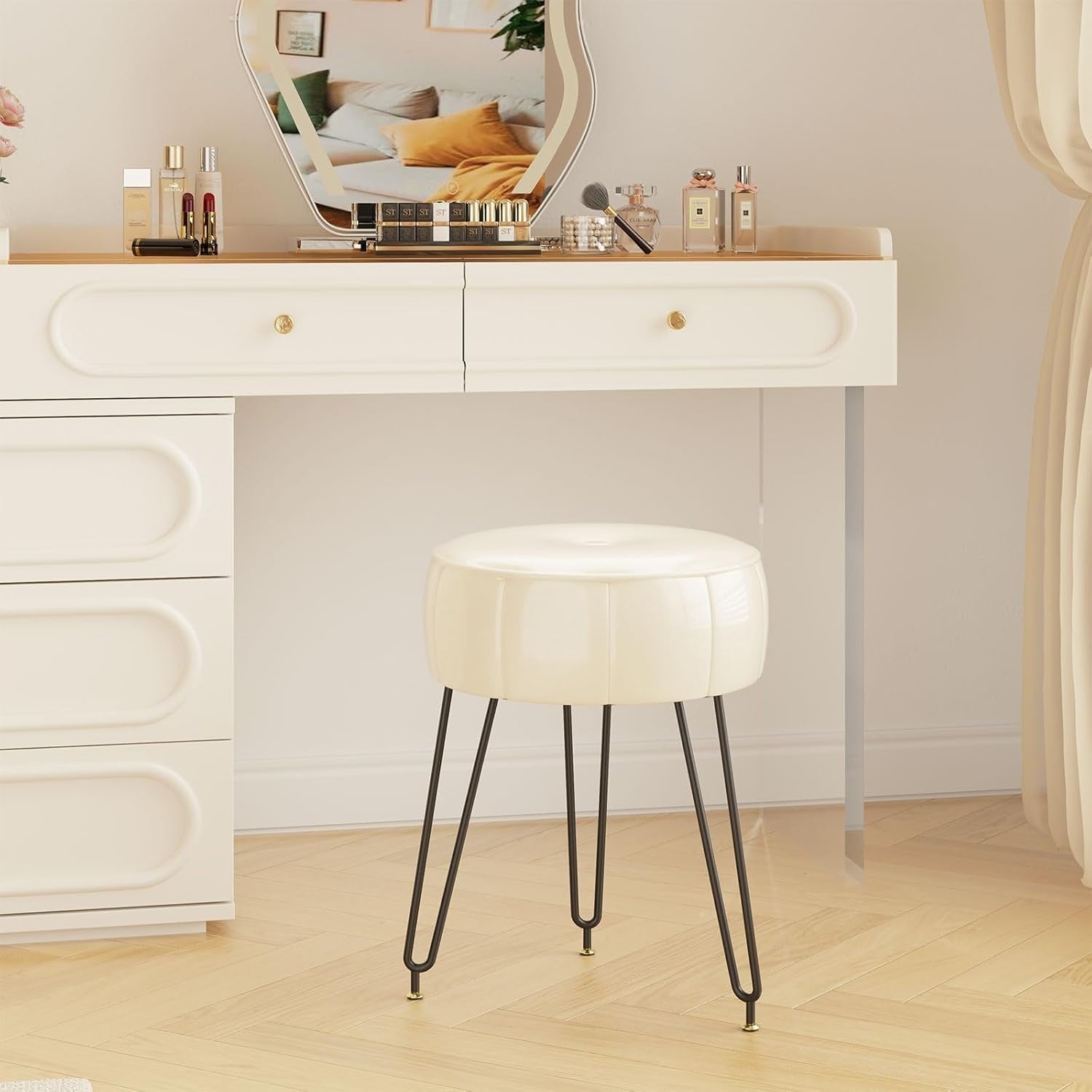 White Faux Leather Pumpkin Vanity Stool Round Modern Footrest Seat