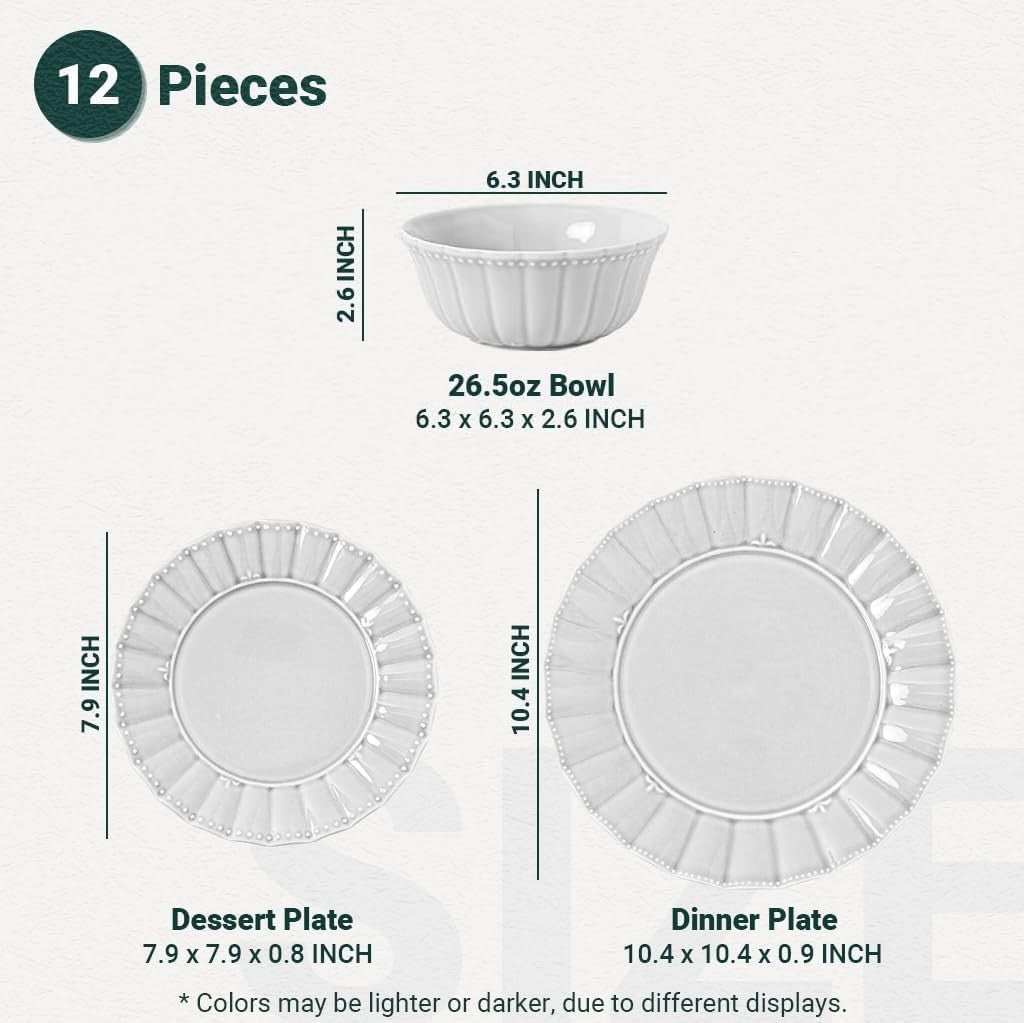 12 Piece Porcelain Dinner Set Grey Plates Bowls Microwave Dishwasher Safe