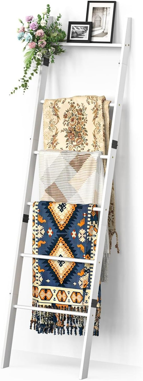 6 Tier Blanket Ladder Bamboo Towel Rack Leaning Storage Shelf White