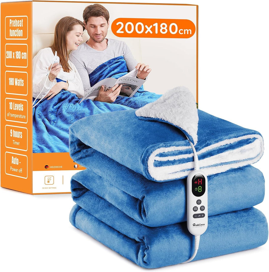 Electric Heated Throw Blanket XXL Fast Heat 10 Levels Sherpa Flannel 200x180cm