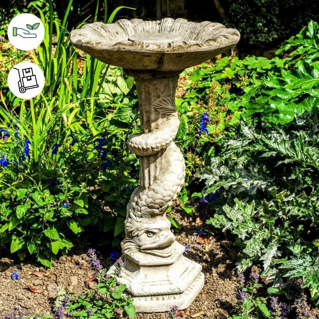 Tall Serpent Stone Bird Bath | Handcrafted 50kg Garden Ornament Sculpture