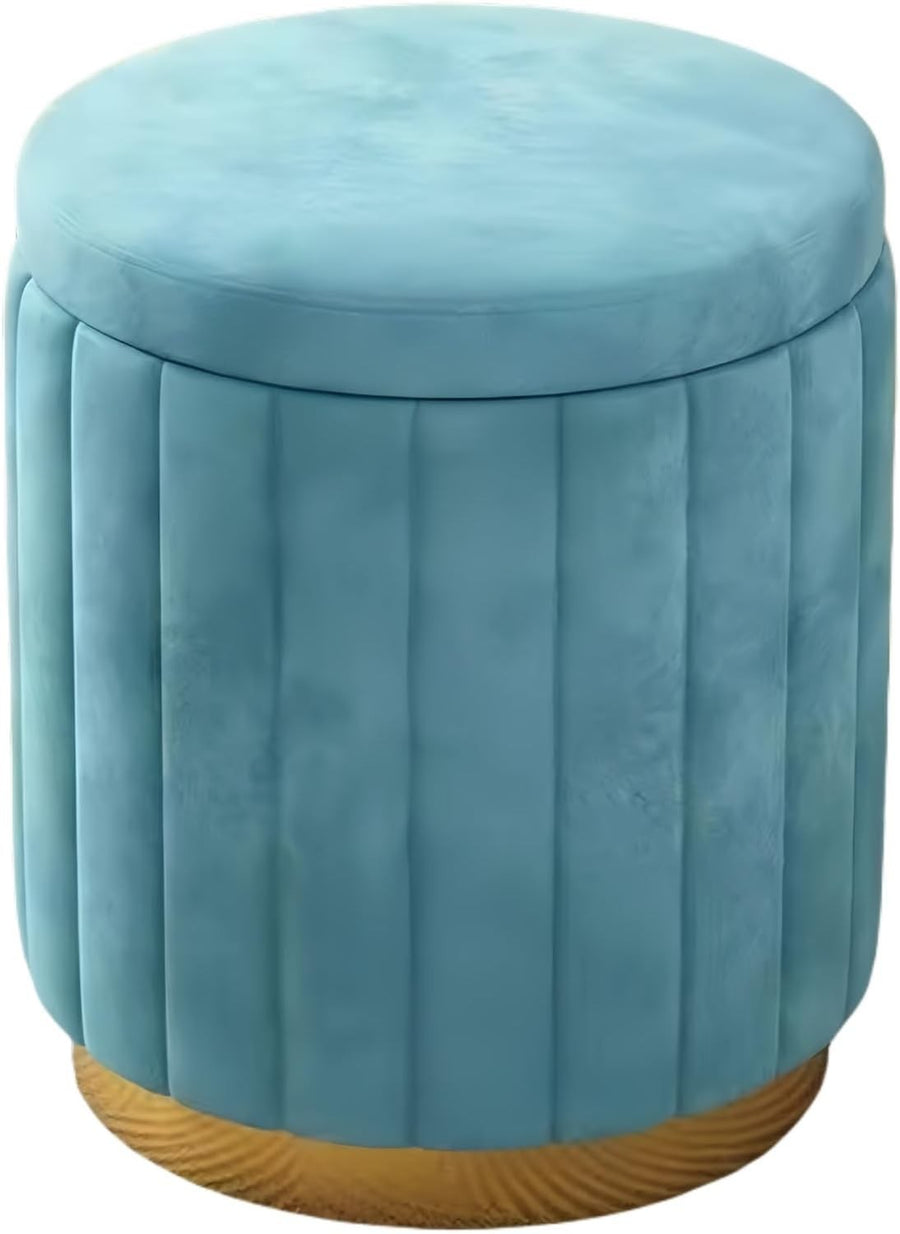 Blue Velvet Storage Vanity Stool – Round Dressing Table Seat with Solid Wood