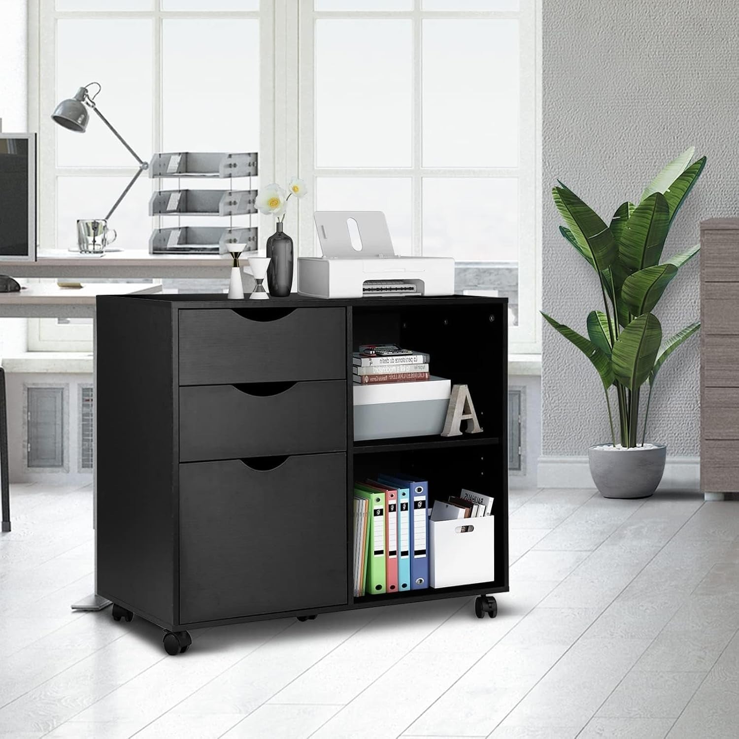 Black Rolling Lateral File Cabinet 3 Drawer Open Shelf Printer Stand