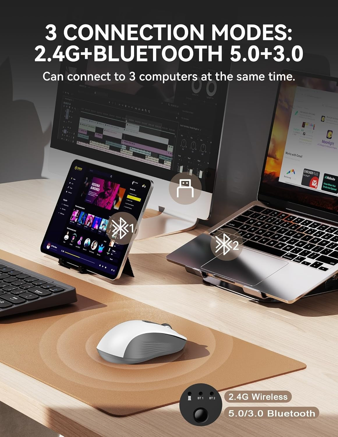 Silent Bluetooth Mouse Tri Mode Wireless 4800DPI Slim Office Laptop