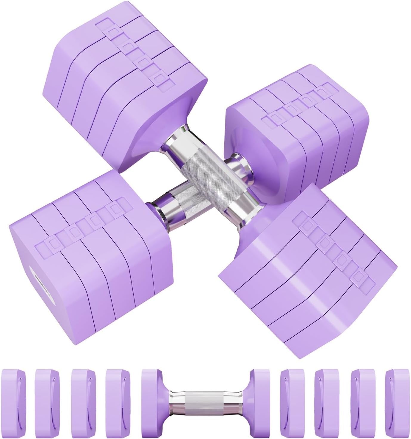 20LB Adjustable Dumbbells Pair 4-in-1 Anti-Roll Purple Home Fitness