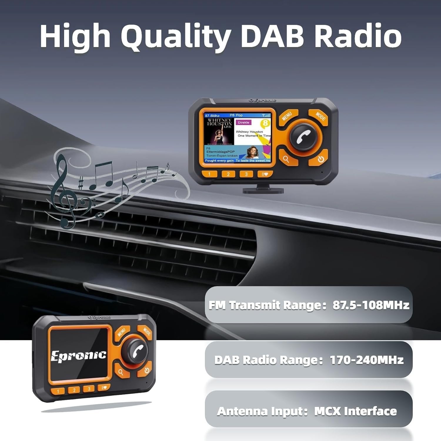 DAB Car Radio Adapter with Bluetooth, TF Card, AUX & 2.4” LCD Display
