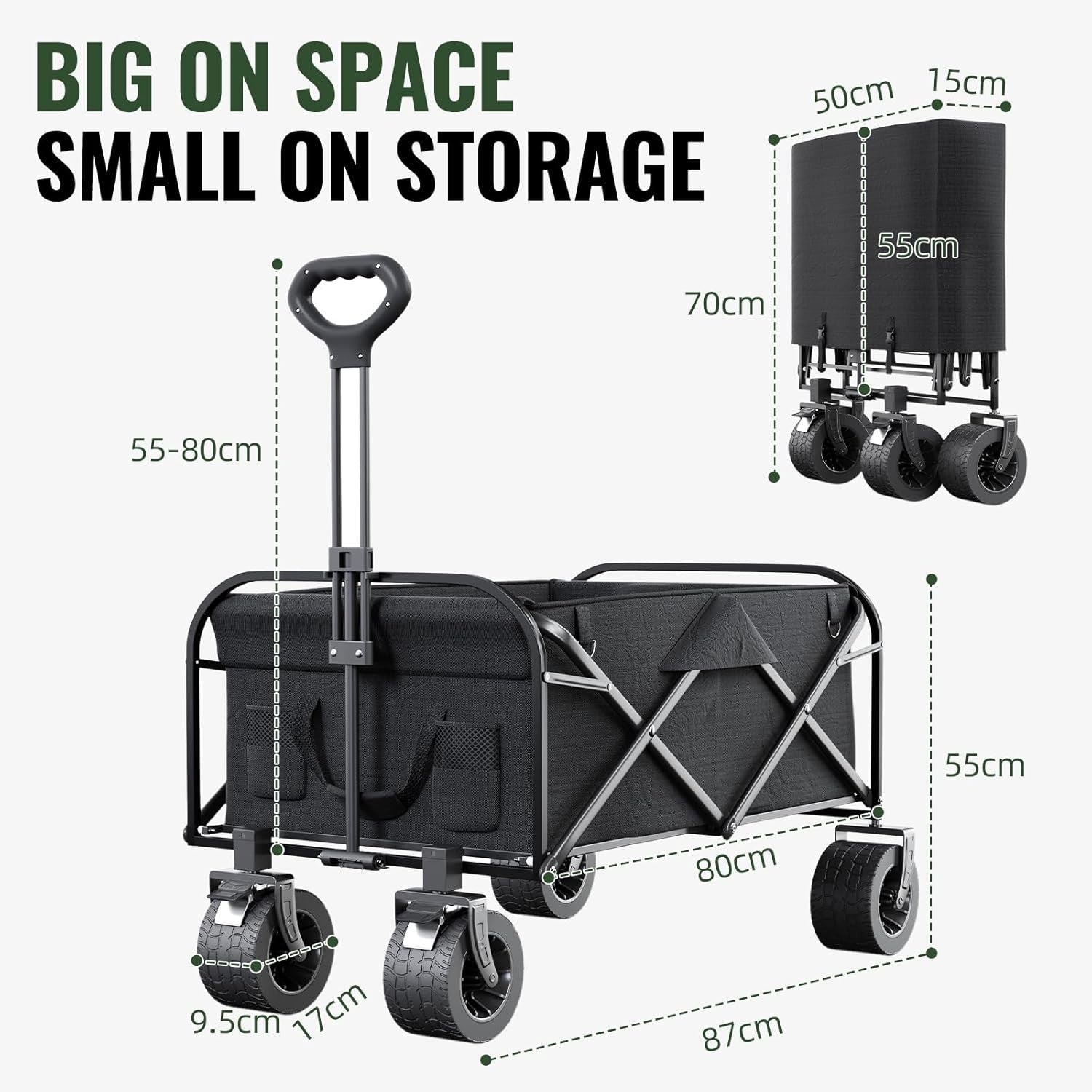 Heavy Duty Festival Trolley 150L Folding Wagon 250KG All-Terrain Wheels Black
