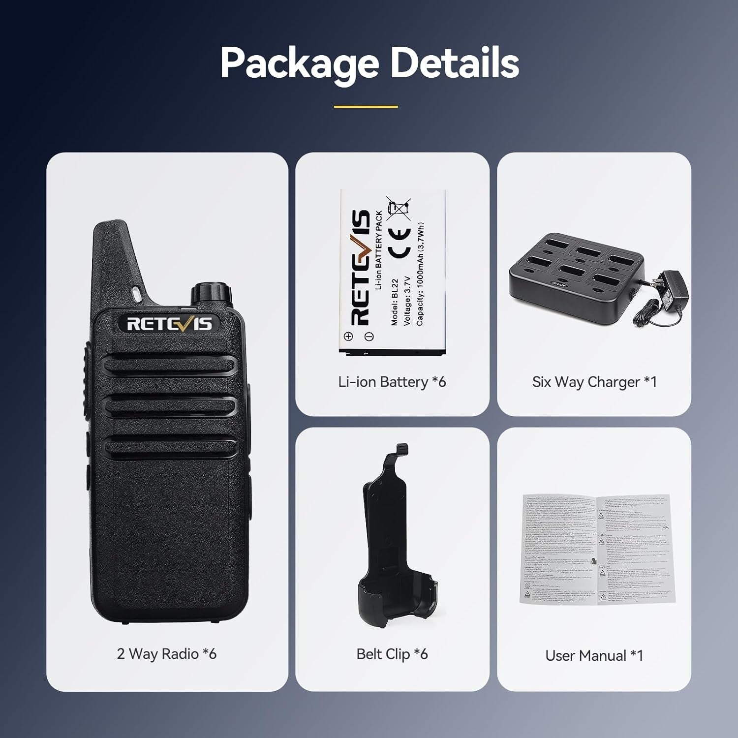 Retevis RT622 Walkie Talkies 6 Pack PMR446 VOX Two Way Radios Charger