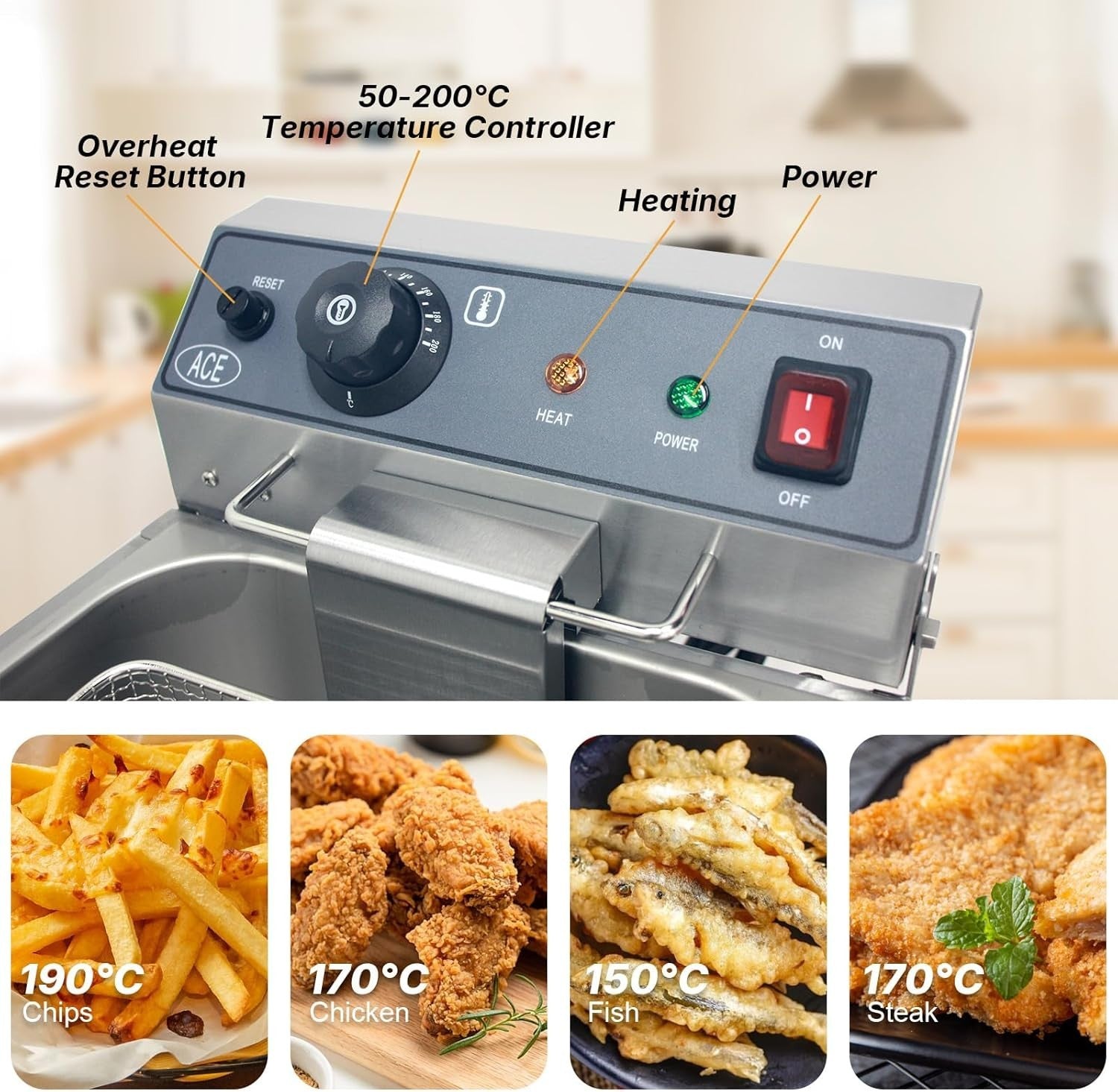 10L Electric Deep Fat Fryer 3000W Stainless Steel Countertop Chip Fryer
