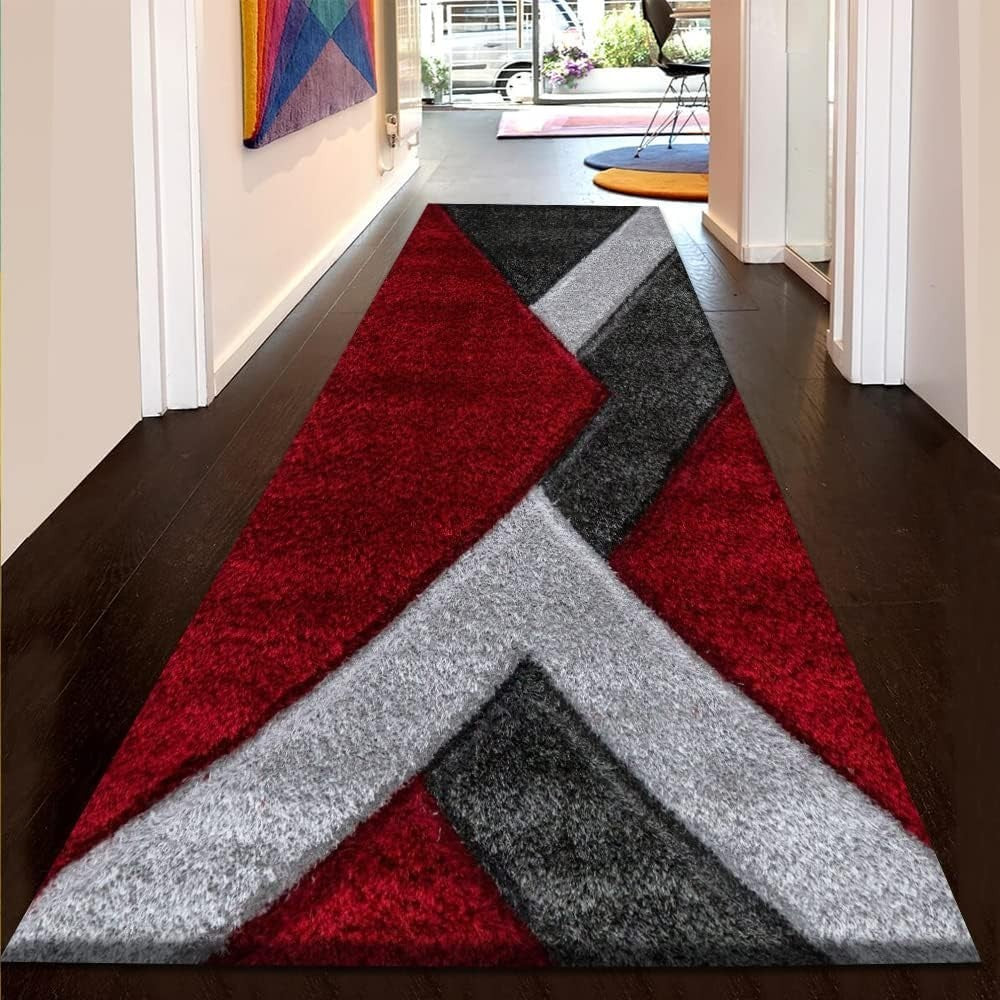 Red Grey Shaggy Rug 120x170cm Soft Non Shed Modern Living Room Carpet