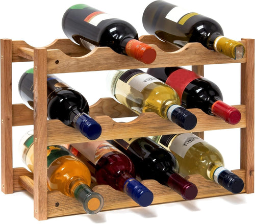 Wooden Wine Rack 12 Bottle Holder 3 Tier Natural Countertop Storage Stand