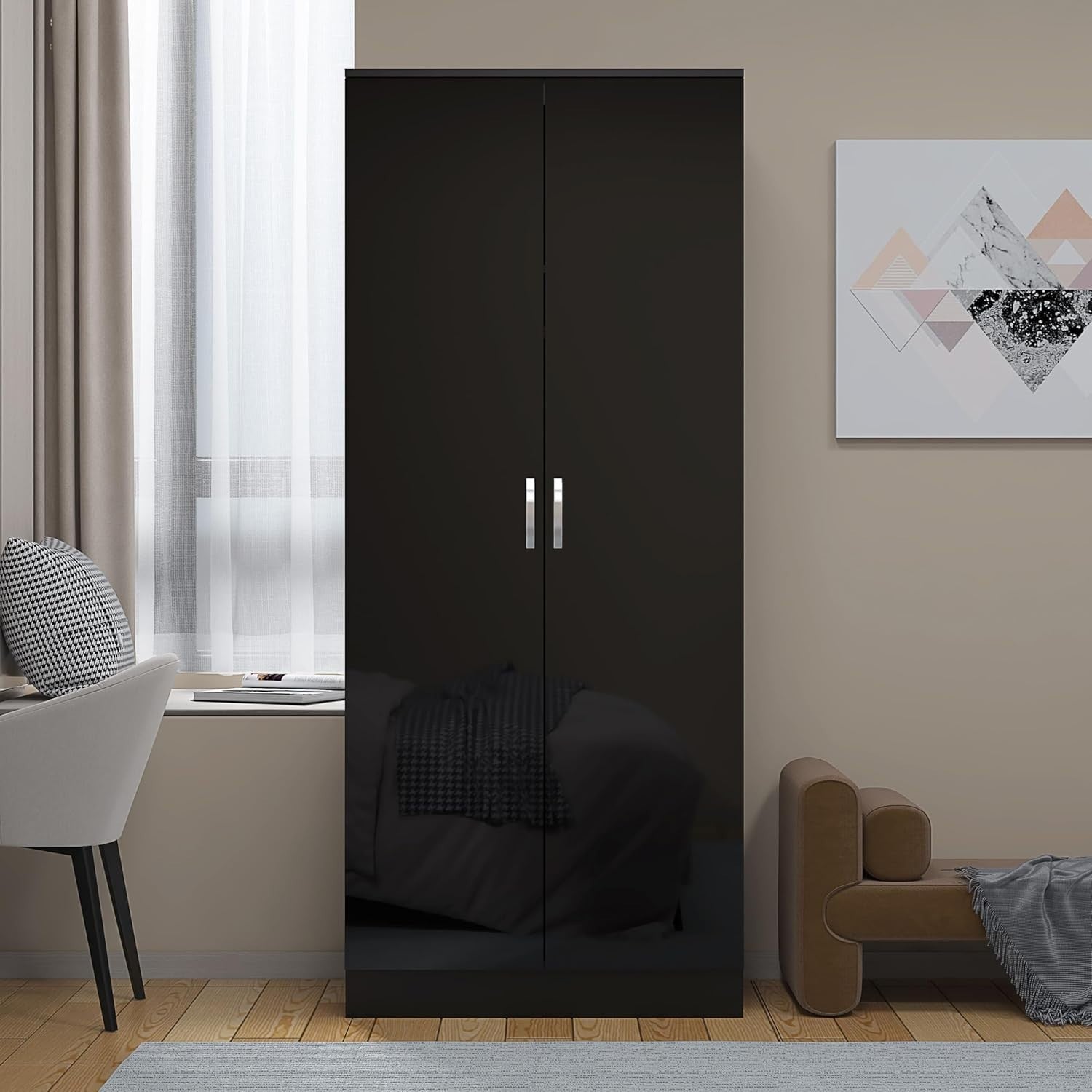 High Gloss 2 Door Wardrobe Slim Storage with Shelf & Hanging Rail 180cm