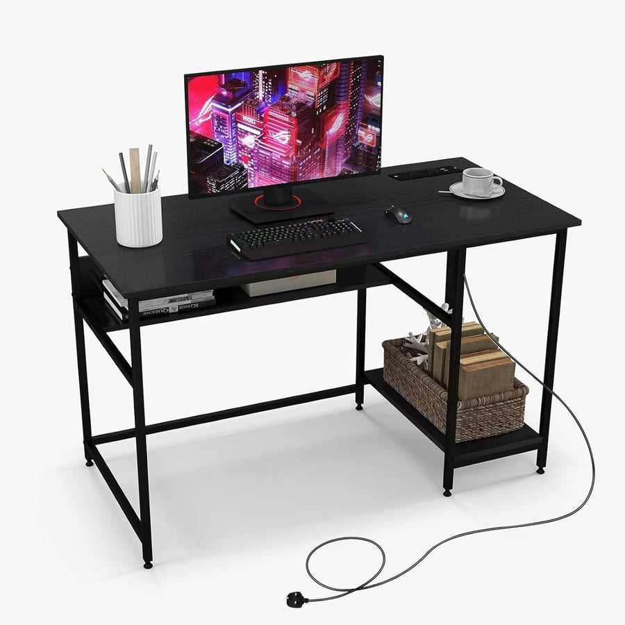 Black Computer Desk 120x60cm Wooden Study Table with Power Outlet & Shelf