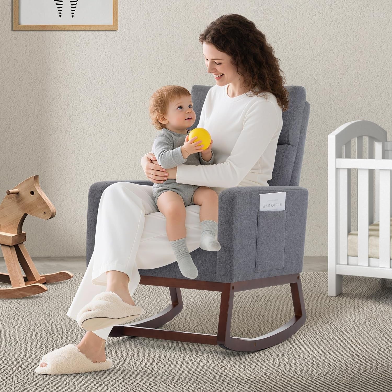 High Back Nursery Rocking Chair with Side Pockets & Durable Wood Base
