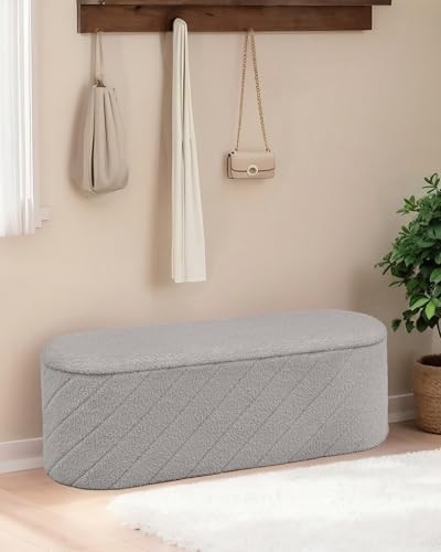 Grey Oval Storage Ottoman Bench 3-in-1 Footrest Seat with Lid 110x38x38cm