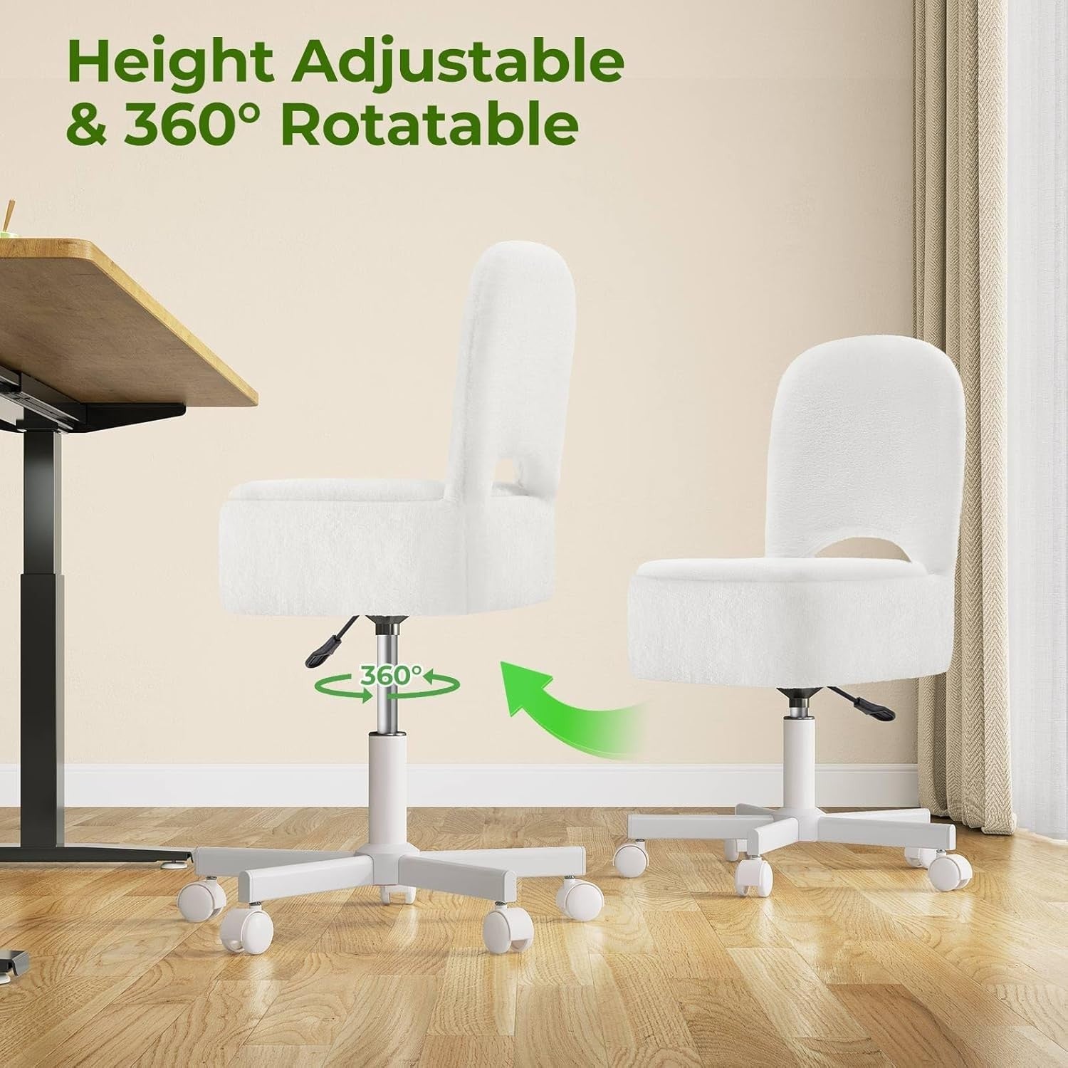 White Furry Vanity Chair with Storage Swivel Adjustable Height & Wheels