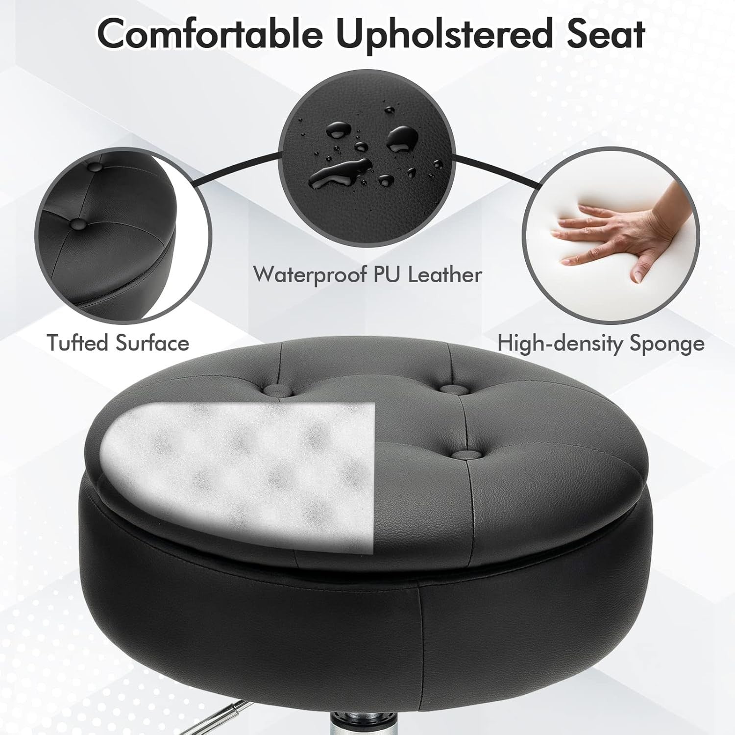 Black PU Leather Swivel Vanity Stool Adjustable w/ Storage & Tray Lid Round Seat