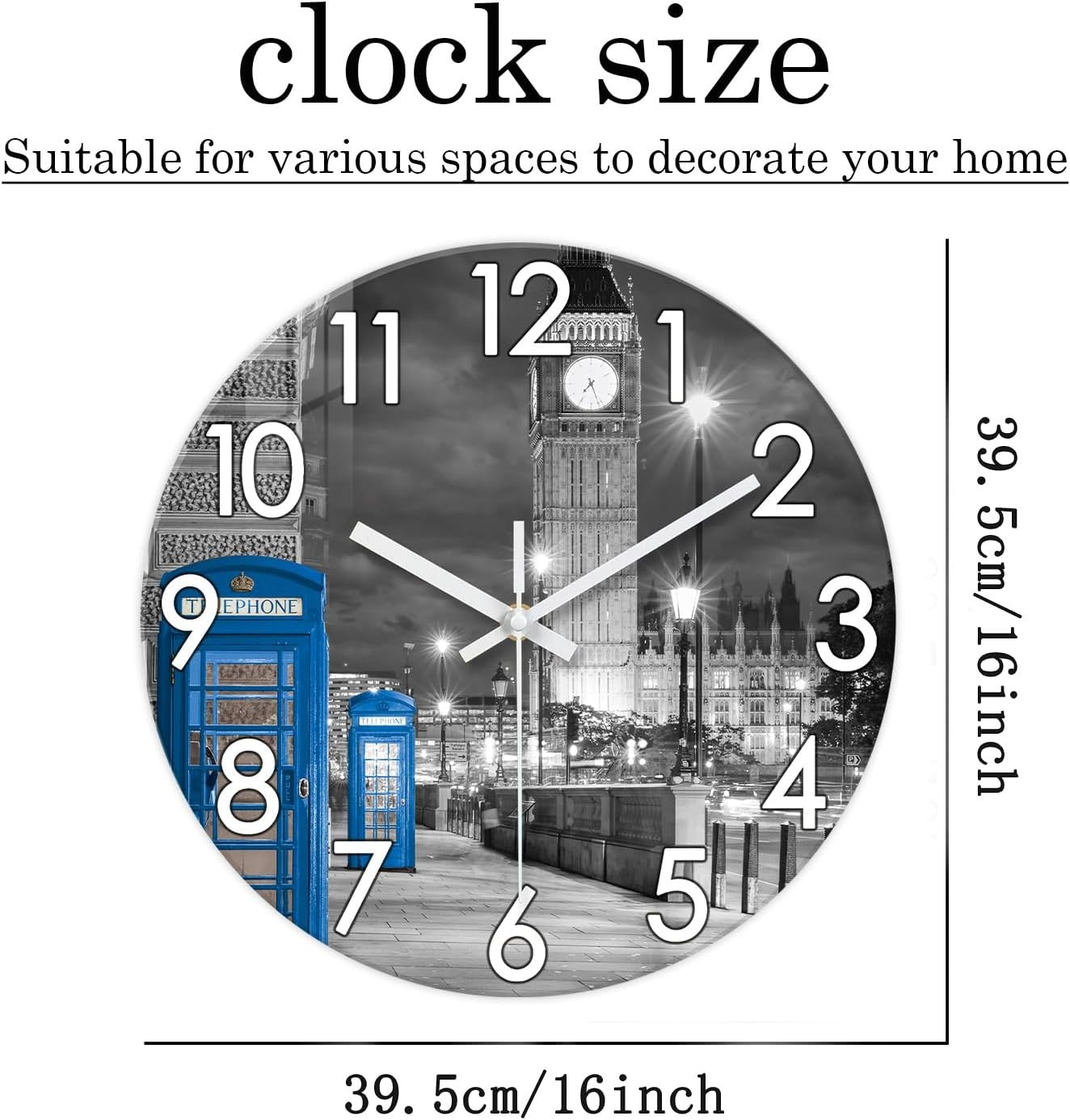 16" London Wall Clock Grey Silent Round Glass Modern Home Decor