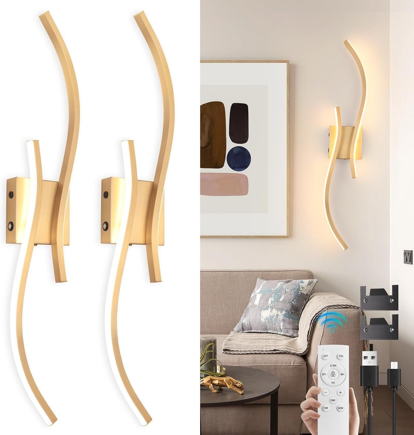 LED Rechargeable Wall Sconces 2-Pack, 3000K-6000K, Remote Control, 80cm