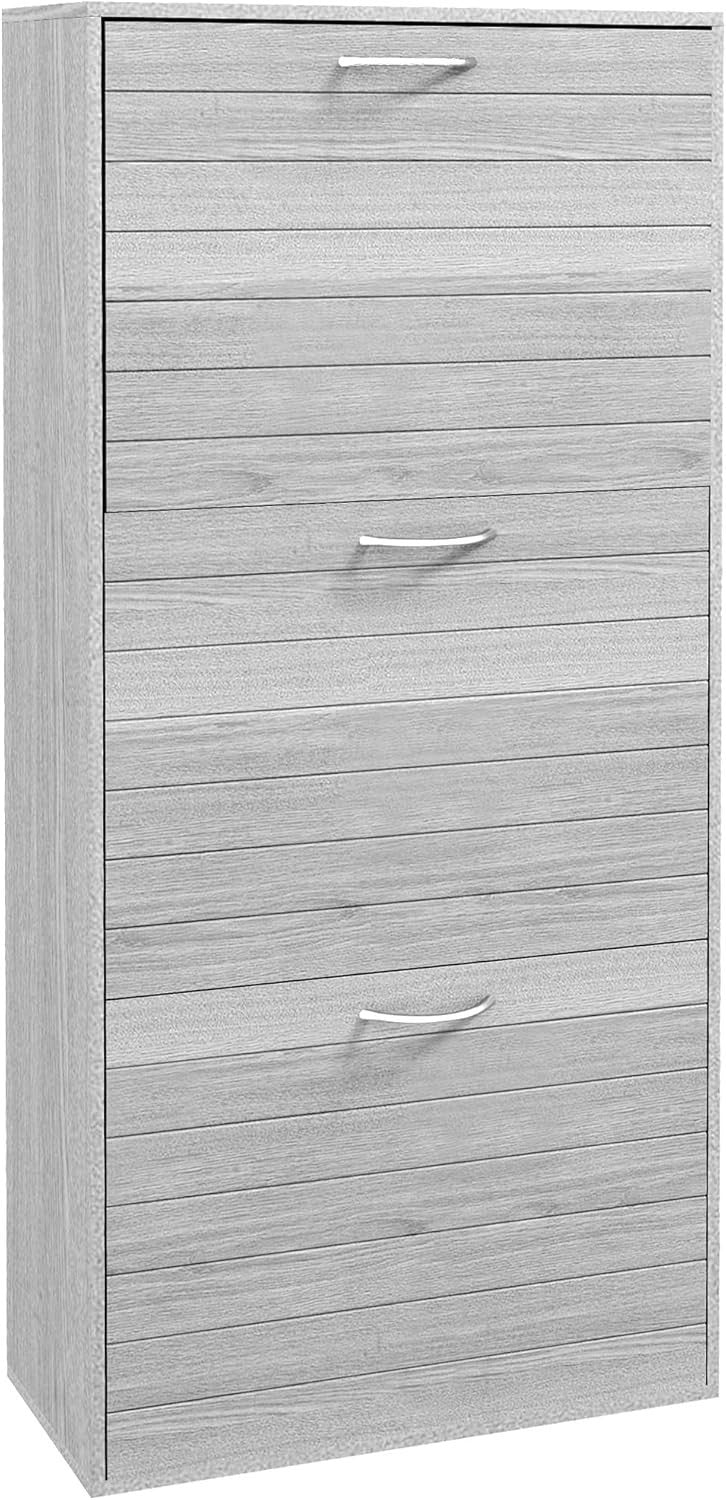 Slim Grey Shoe Cabinet – 3 Flip Drawers, 12 Pair Storage, Narrow Hallway Unit