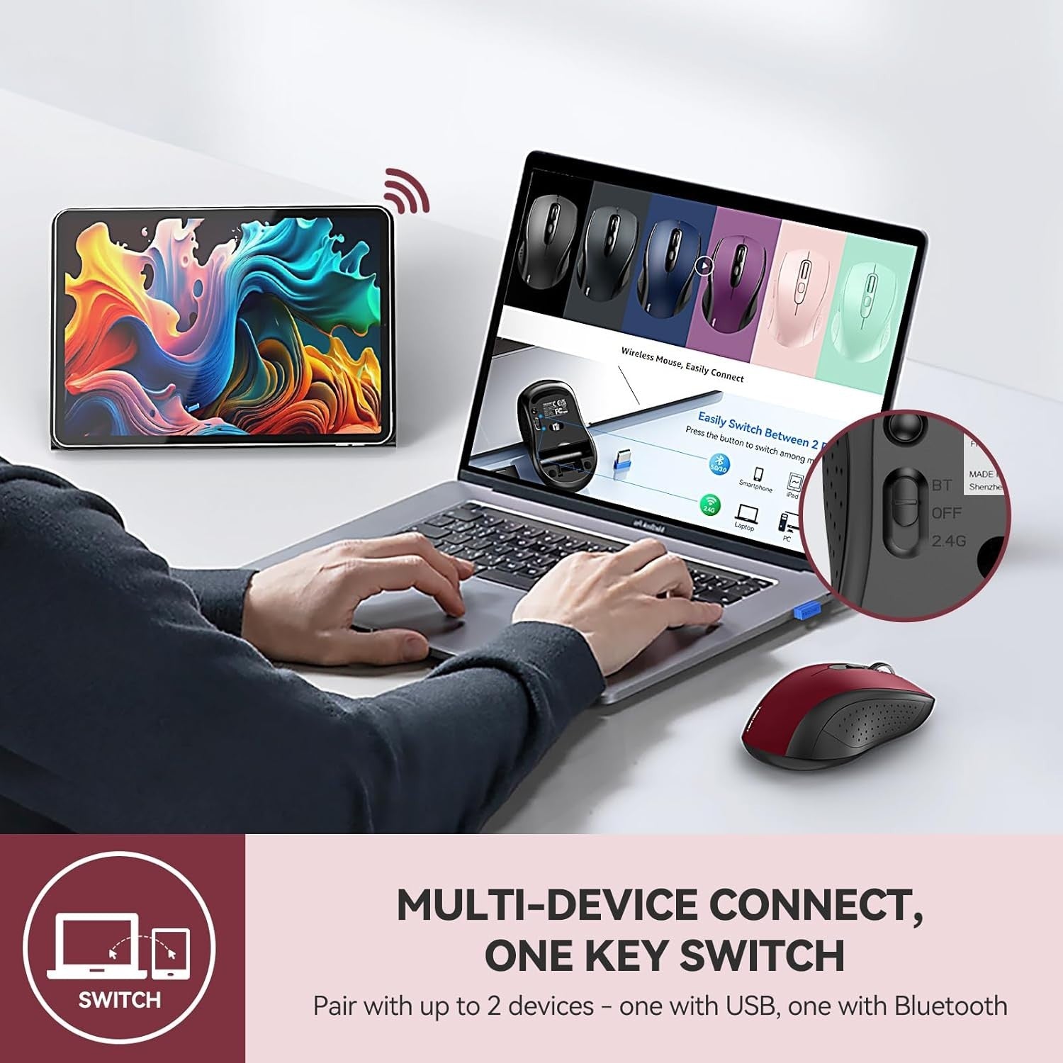 Silent Click Bluetooth Mouse 4000DPI Ergonomic Multi Device Wireless Red