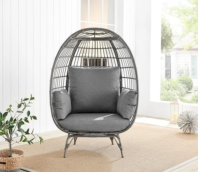 Luxury Grey Rattan Egg Chair Outdoor Indoor Seat w/ Thick Cushions Garden