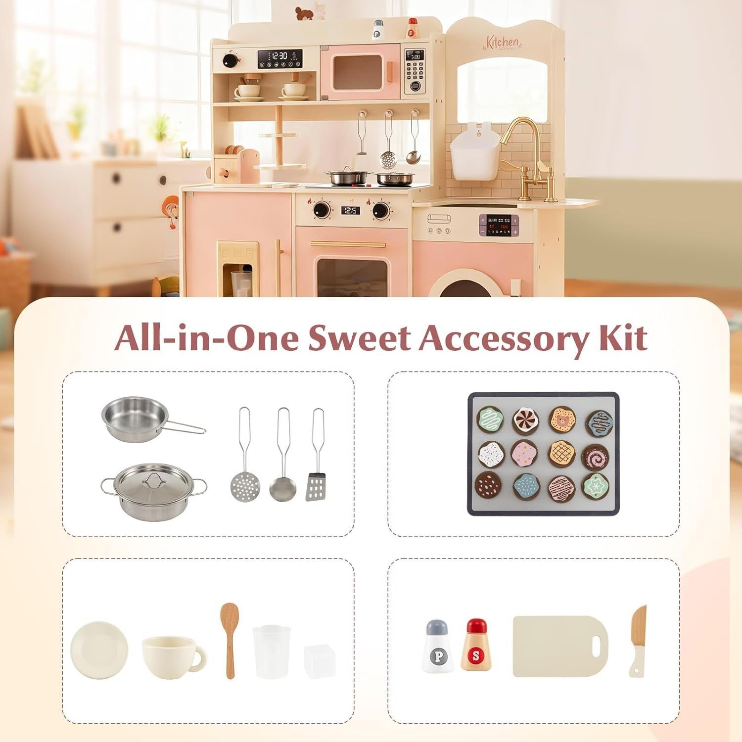 Kids Wooden Play Kitchen Light Sound Coffee Machine Toaster Pink Toy