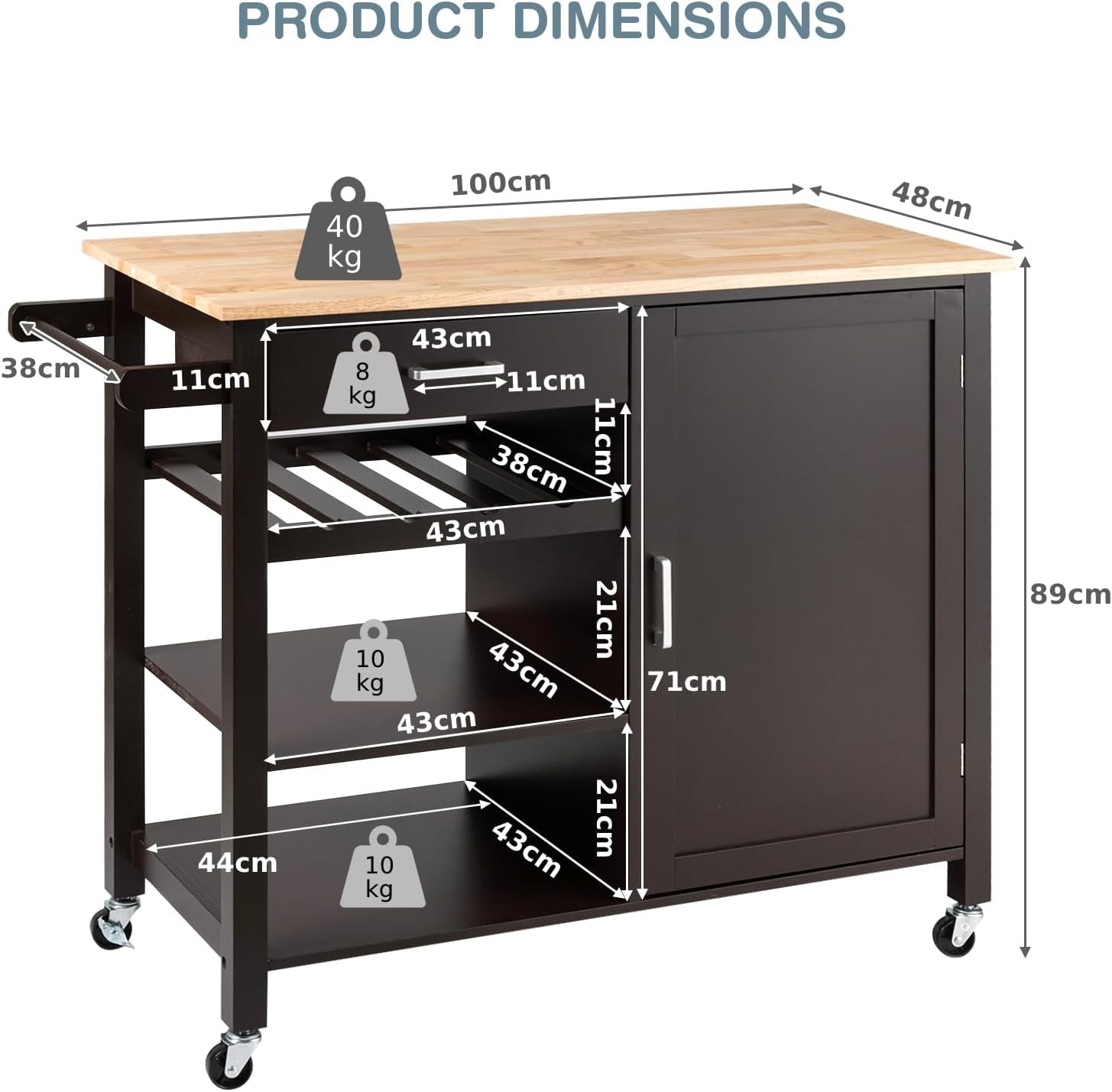 Rolling Kitchen Island Cart with Wine Rack Adjustable Shelf Oak Wood Top