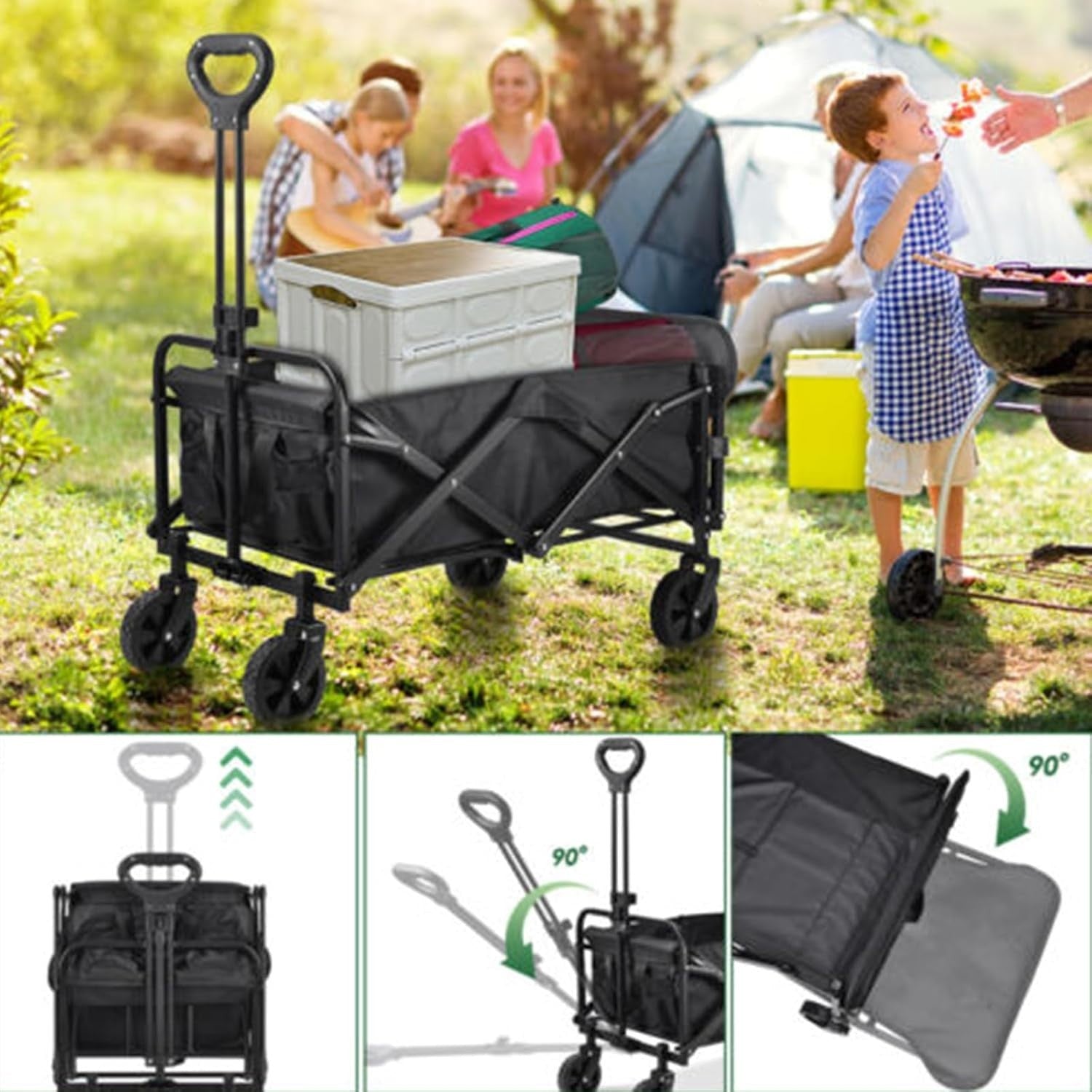 Black 120L Folding Festival Trolley Heavy Duty Camping Beach Wagon 330lbs