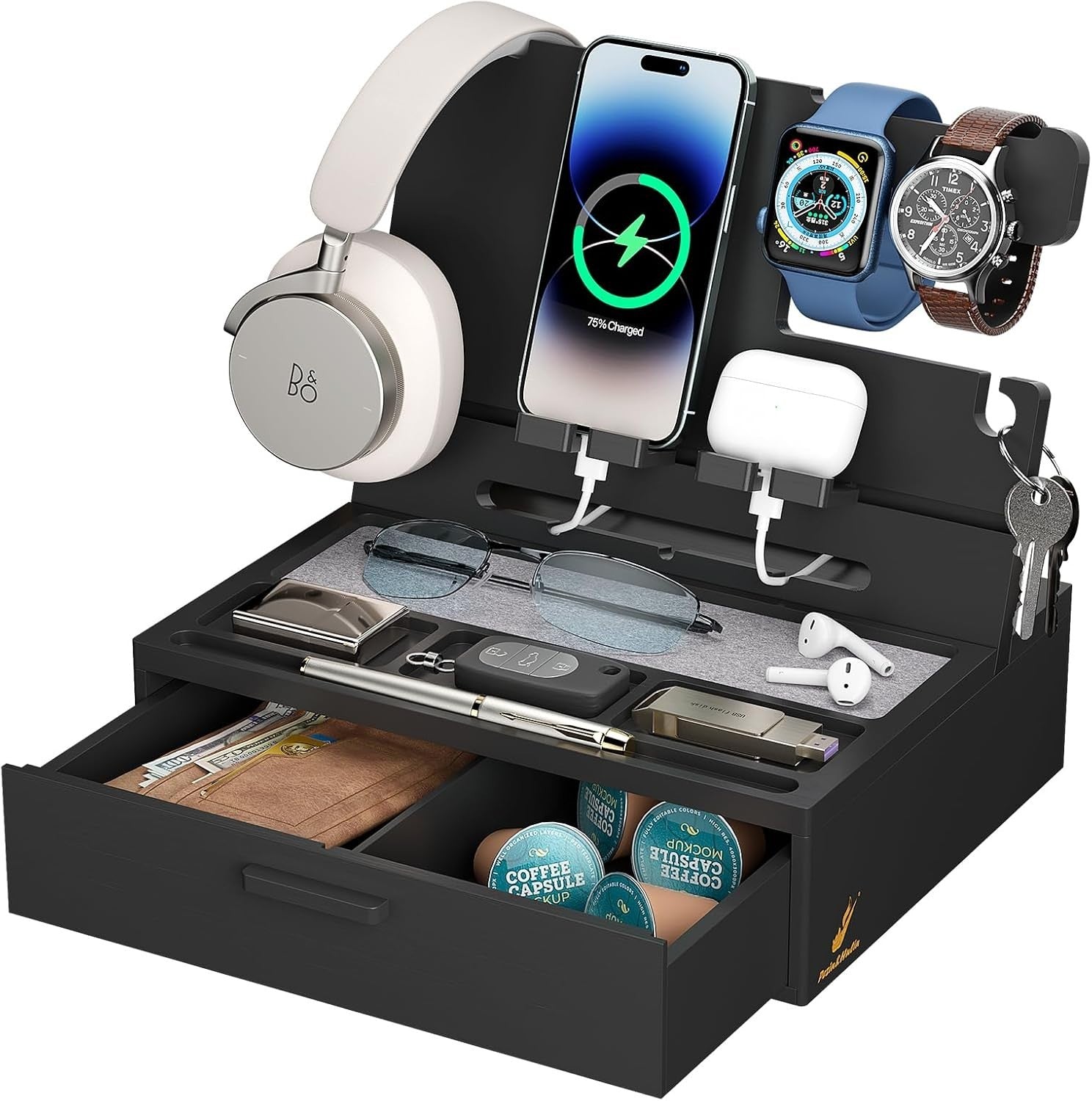 Bamboo Nightstand Organizer Tray with Drawer & Phone Dock, Multi-Device Holder