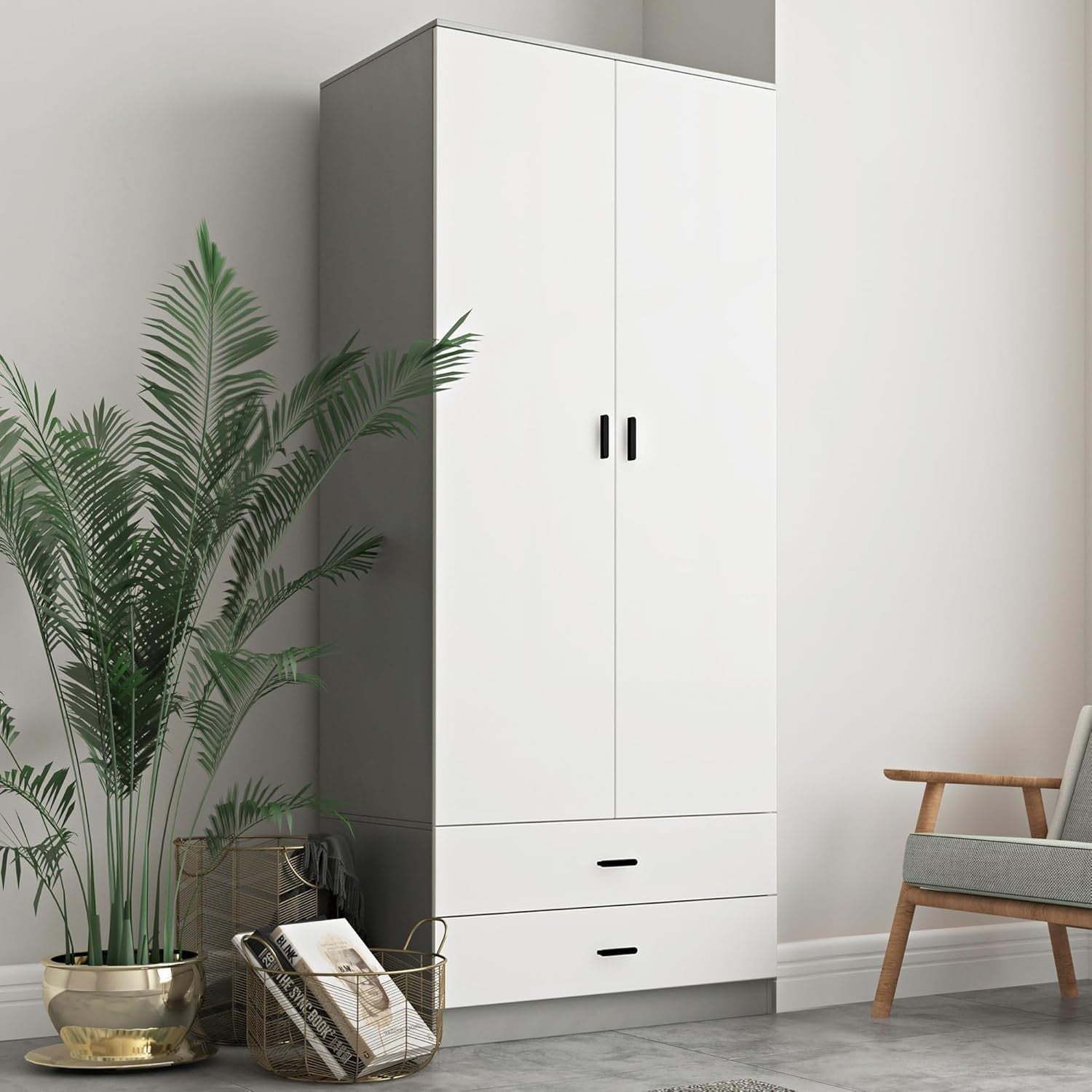 White Drawer 2 Door Wardrobe with Rail | Modern Grey Bedroom Storage Unit