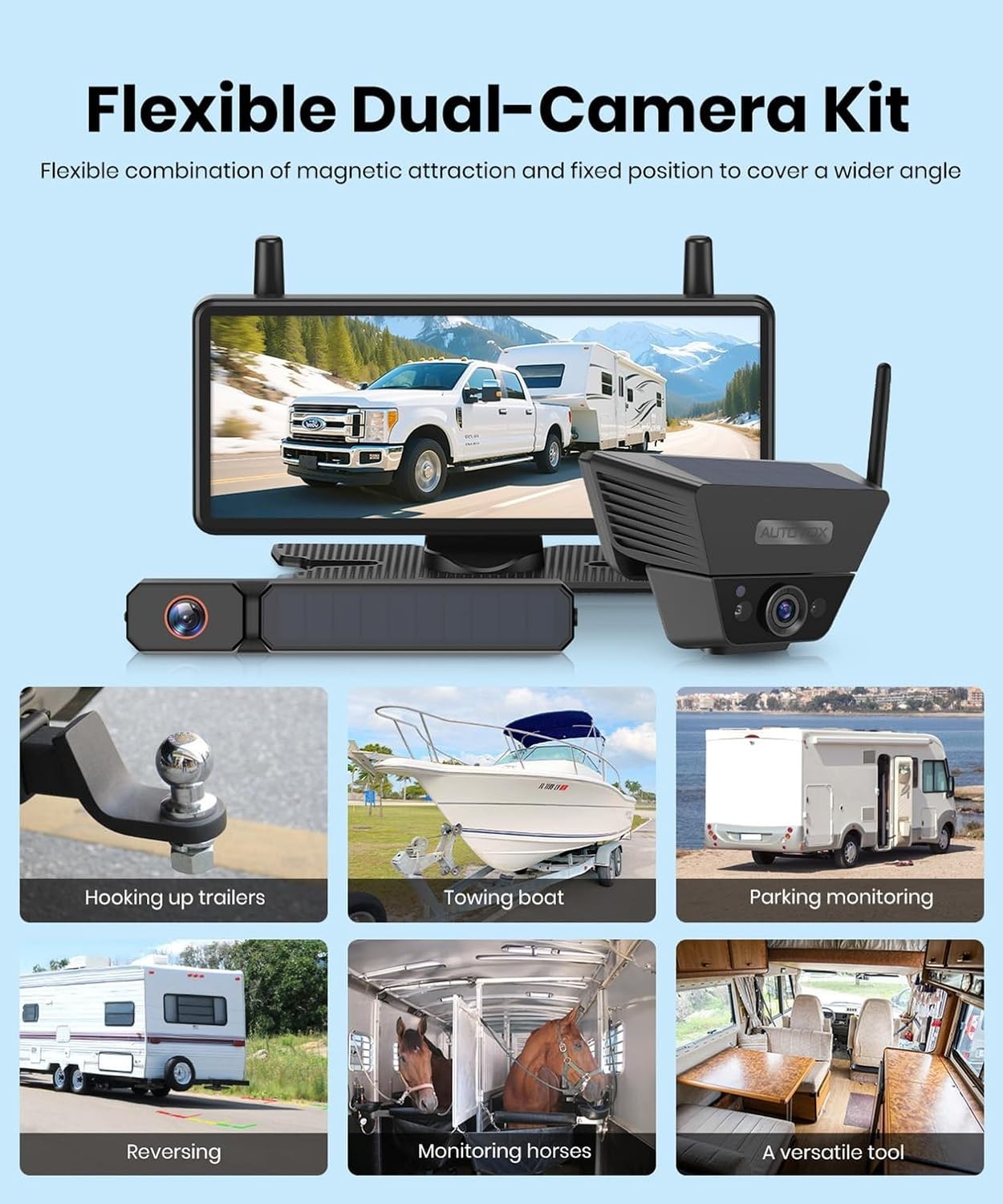 Solar Wireless Reversing Camera System 1080P HD Dual Camera 7.2" DVR