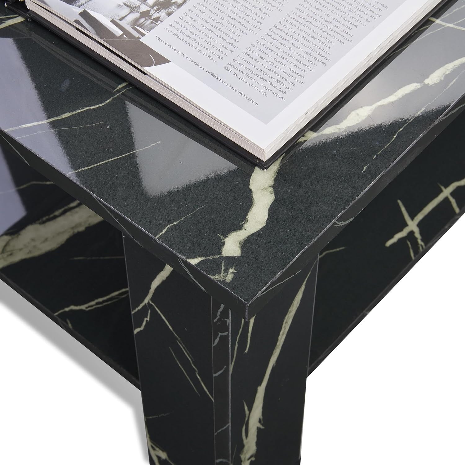 High Gloss Lift Top Coffee Table with Storage Black Marble 120cm Modern