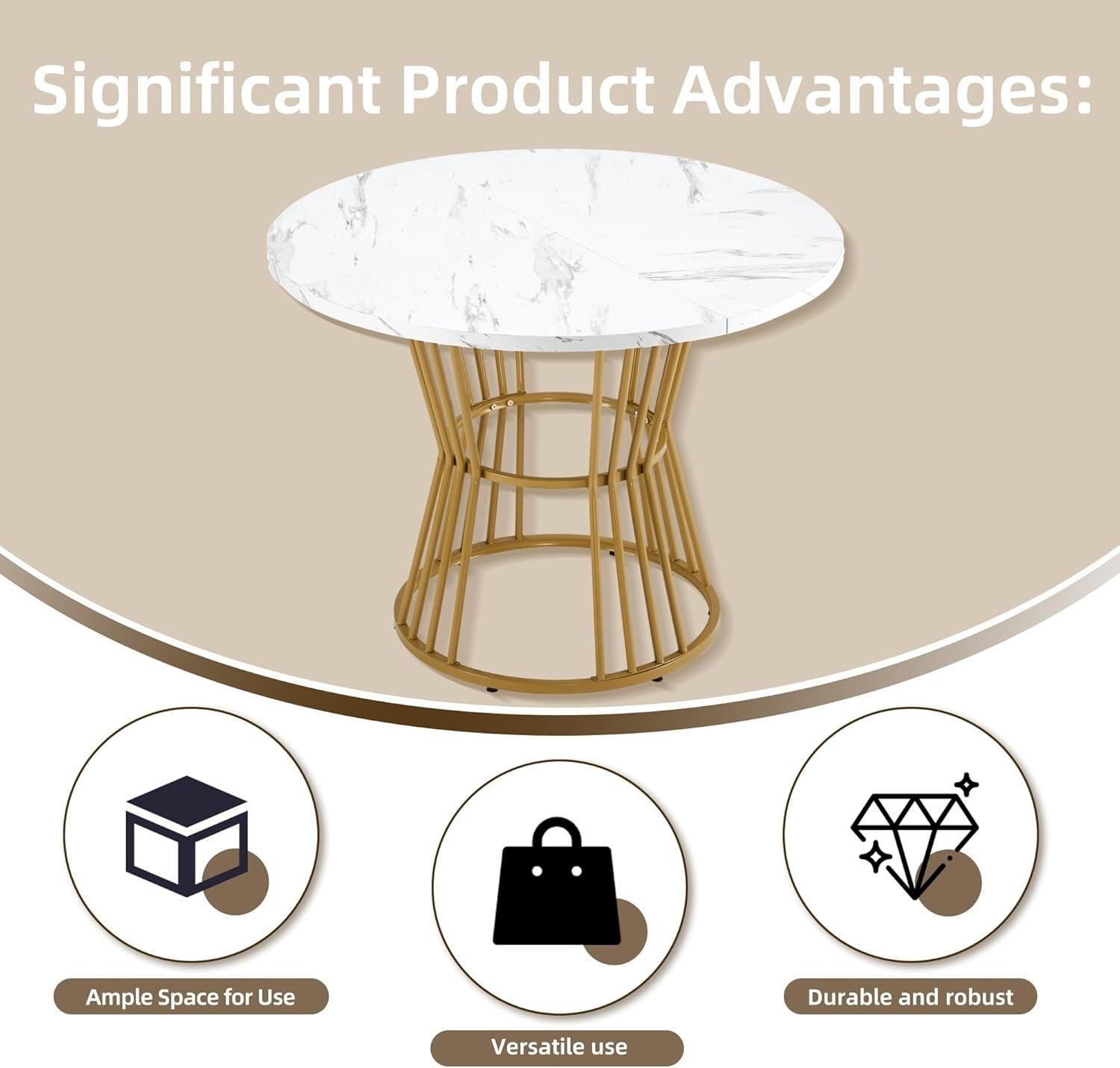Extendable Folding Dining Table with Storage Drawers Marble White Gold