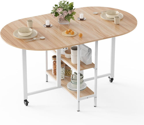 Oak & White Folding Dining Table Drop Leaf Mobile 4-6 Seat 140cm