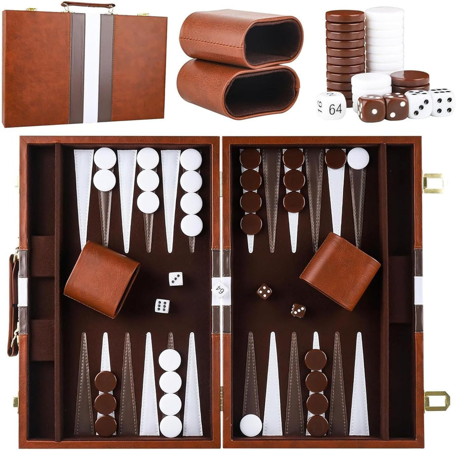 Luxury Backgammon Set 15 Inch Wooden Travel Board with Leather Case