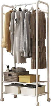 White Metal Clothes Rack with Shelves & Wheels 70x36x152cm