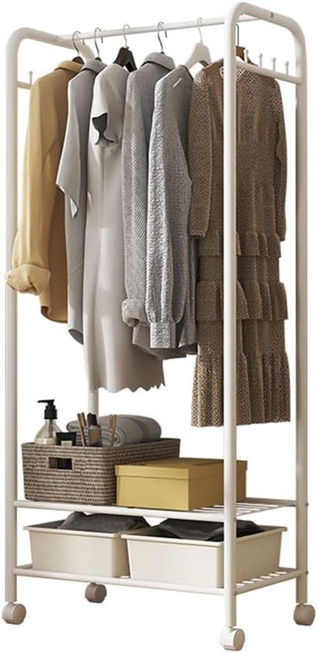 White Metal Clothes Rack with Shelves & Wheels 70x36x152cm