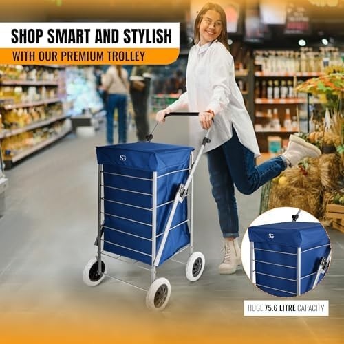 Foldable 4-Wheel Shopping Trolley Cart with Removable Bag - Heavy Duty Blue