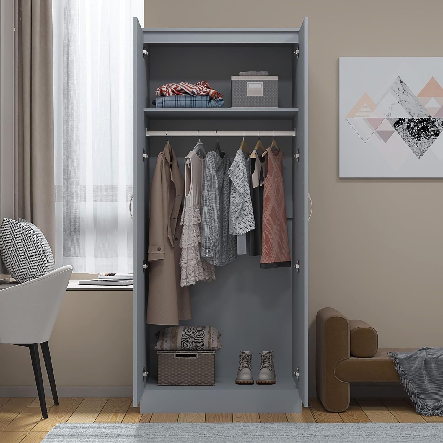 Grey High Gloss 2 Door Slim Wardrobe with Shelf & Hanging Rail 180cm