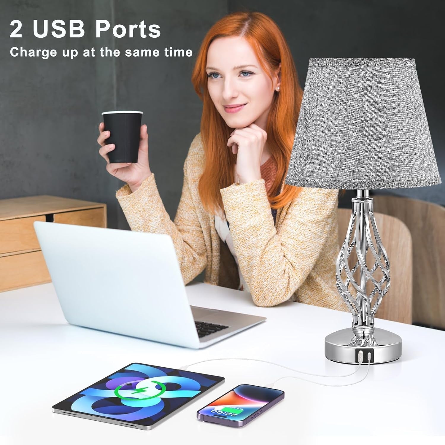 Touch Bedside Lamps Set of 2 USB Charging 3-Way Dimmable Grey Shades