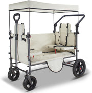 Side-Opening Folding Wagon 120kg Load w/ 2 Seats Canopy Big Wheels Brake Beige